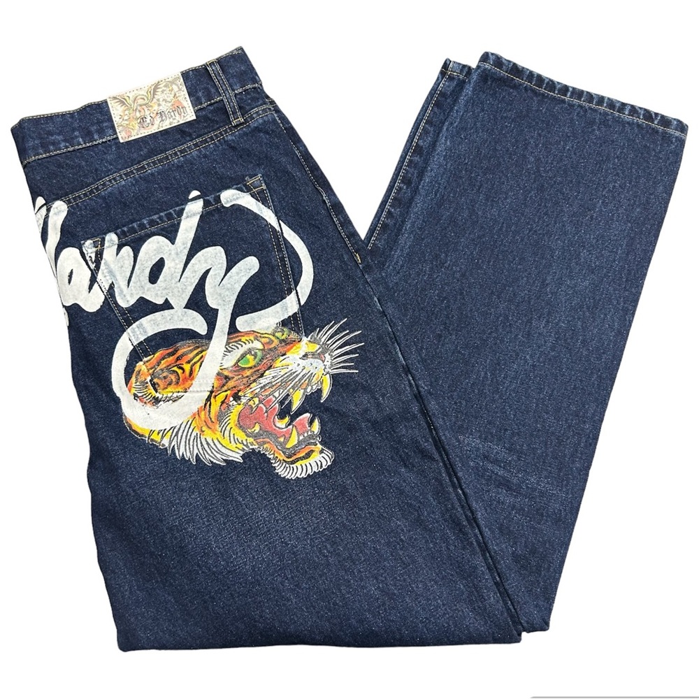 Ed Hardy  Denim Jeans Tiger Painted Pockets Dark Wash Loose Fit  NWT Mens 38 42